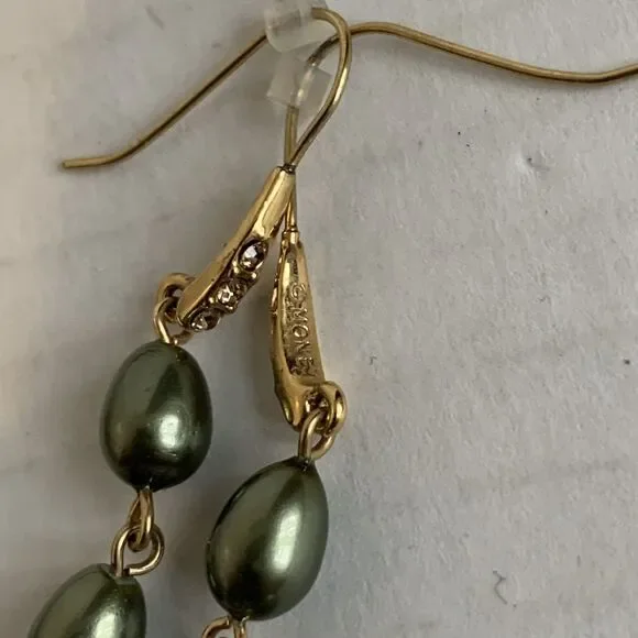 Monet Pearl Necklace Bracelet Dangle Earring Set Sage Green Gold 4 Pc Set - Picture 9 of 10